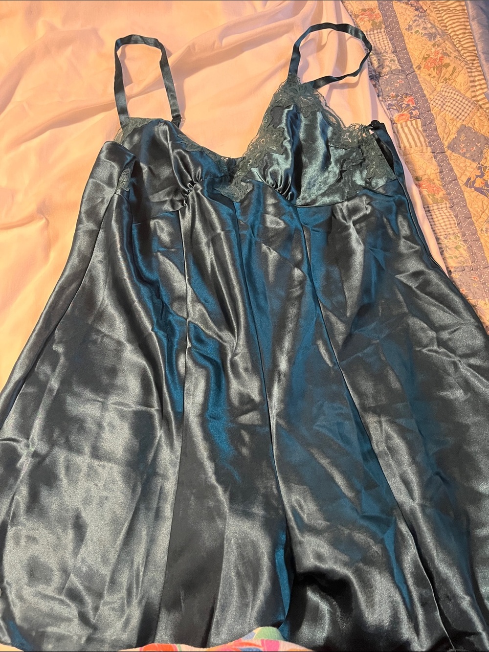 Signature by Levi Strauss Satin Lace Slip Dress in Teal Green